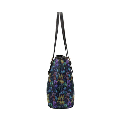 Dragonfly With Floral Print Pattern Leather Tote Bag
