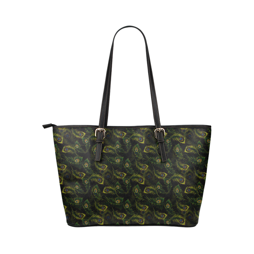 Peacock Feather Pattern Design Print Leather Tote Bag