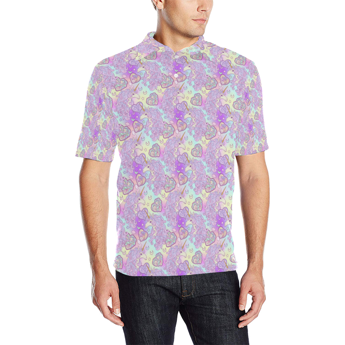 Unicorn Rainbow Star Heart Print Men Polo Shirt