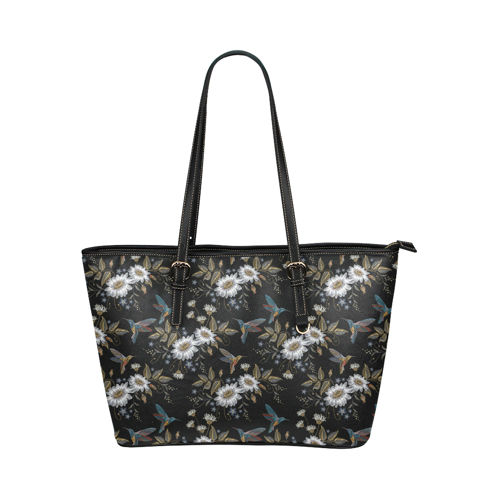 Hummingbird with Embroidery Themed Print Leather Tote Bag