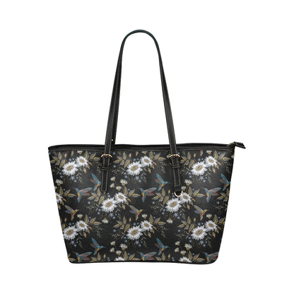 Hummingbird with Embroidery Themed Print Leather Tote Bag