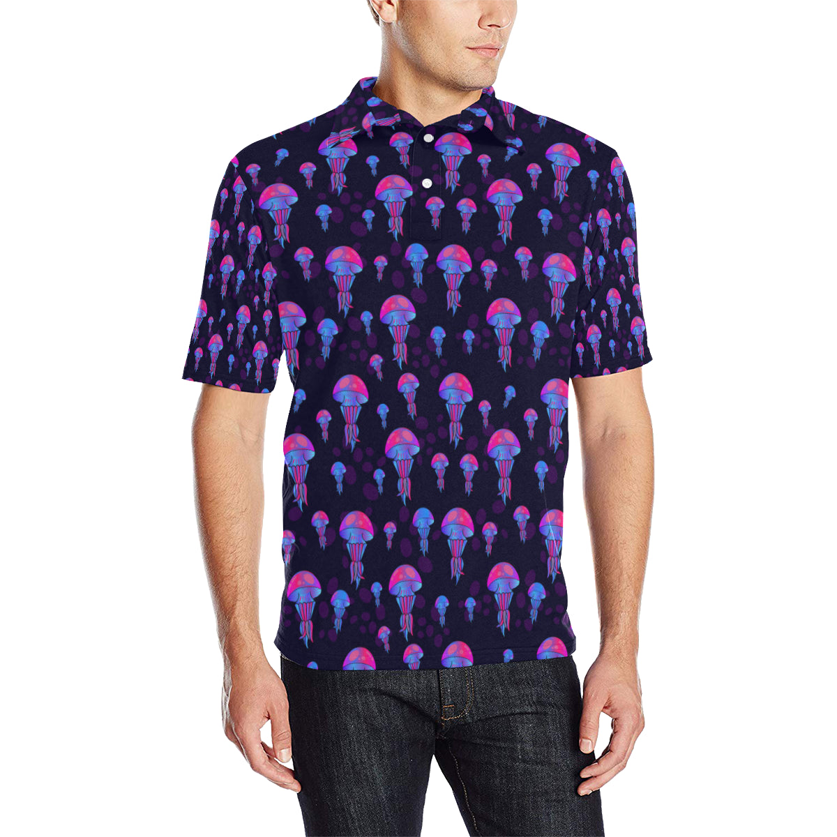 Jellyfish Neon Print Men Polo Shirt