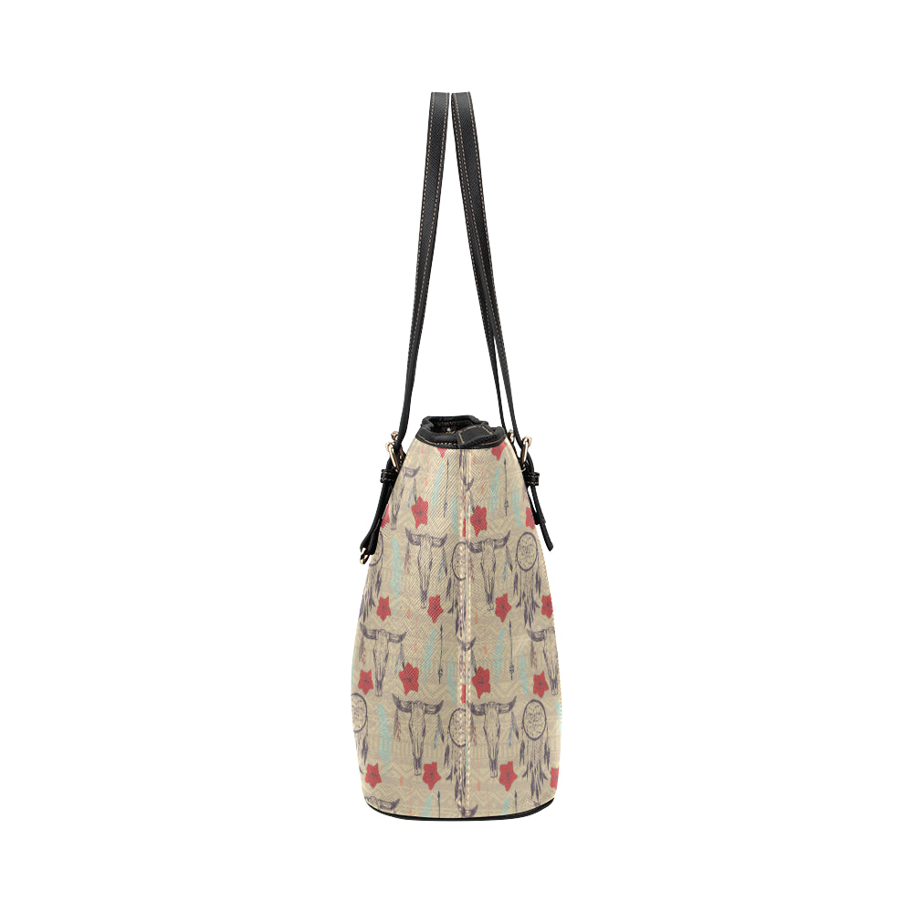 Native Buffalo Head Themed Design Print Leather Tote Bag