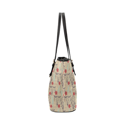 Native Buffalo Head Themed Design Print Leather Tote Bag