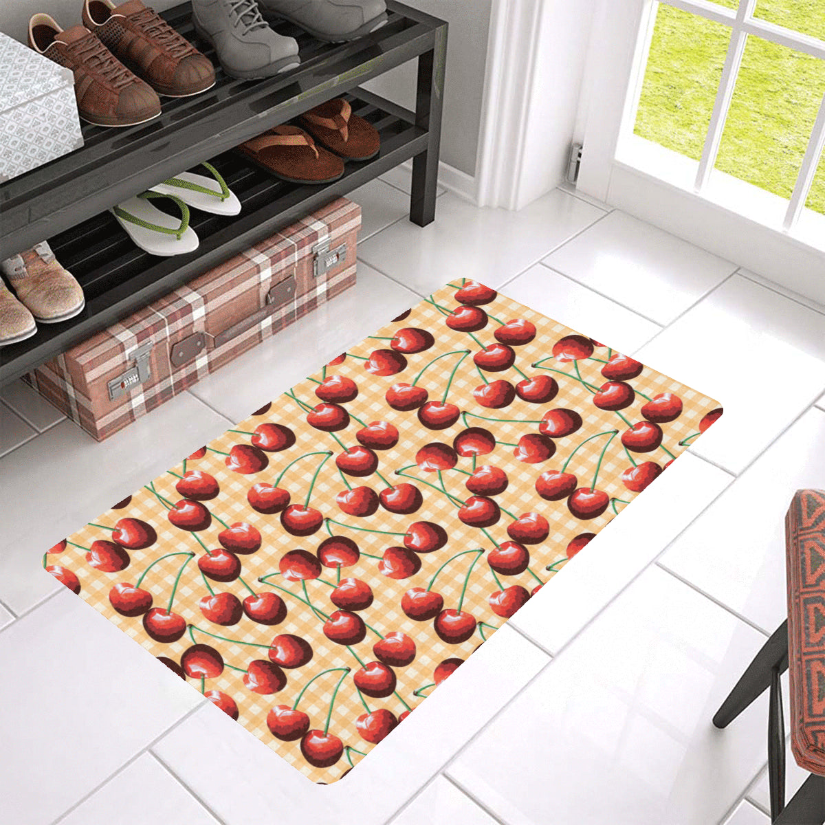 Cherry Orange Plaid Print Rubber Doormat