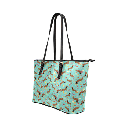 Dachshund with Floral Print Pattern Leather Tote Bag
