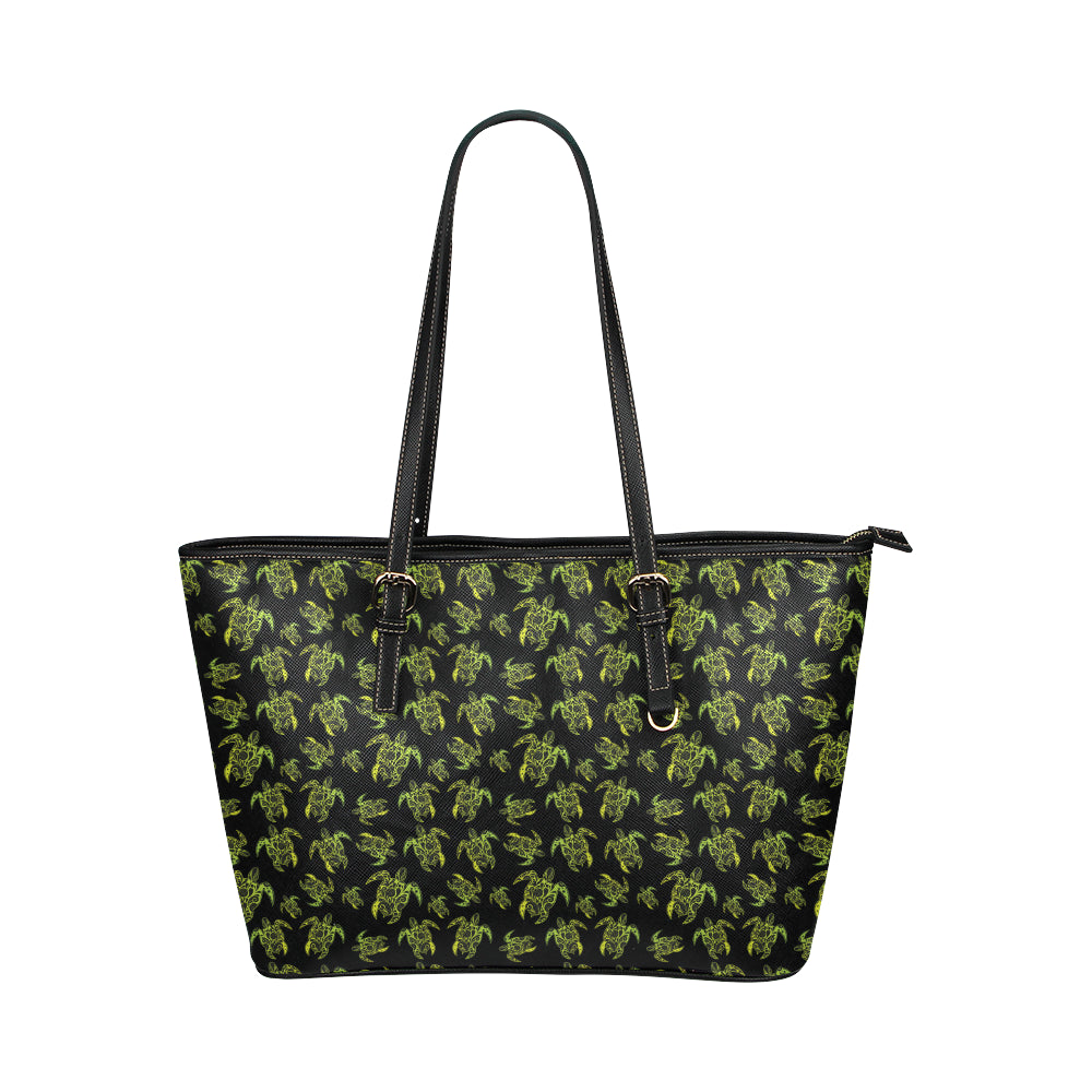 Green Tribal Turtle Polynesian Themed Leather Tote Bag