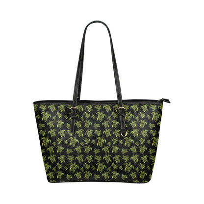 Green Tribal Turtle Polynesian Themed Leather Tote Bag