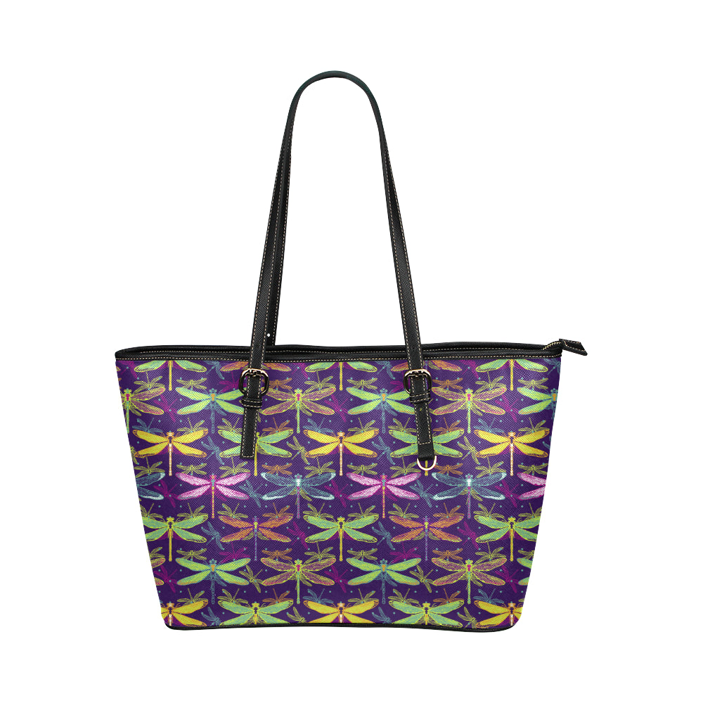 Dragonfly Neon Color Print Pattern Leather Tote Bag