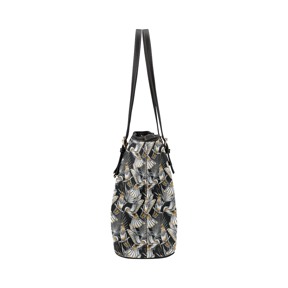 Hummingbird Gold Design Themed Print Leather Tote Bag