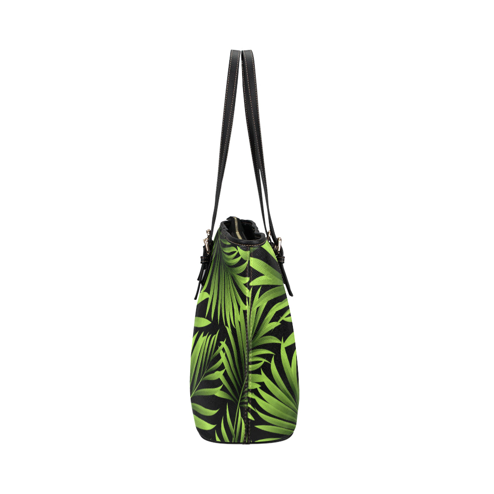 Green Neon Tropical Palm Leaves Leather Tote Bag