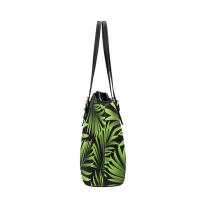 Green Neon Tropical Palm Leaves Leather Tote Bag