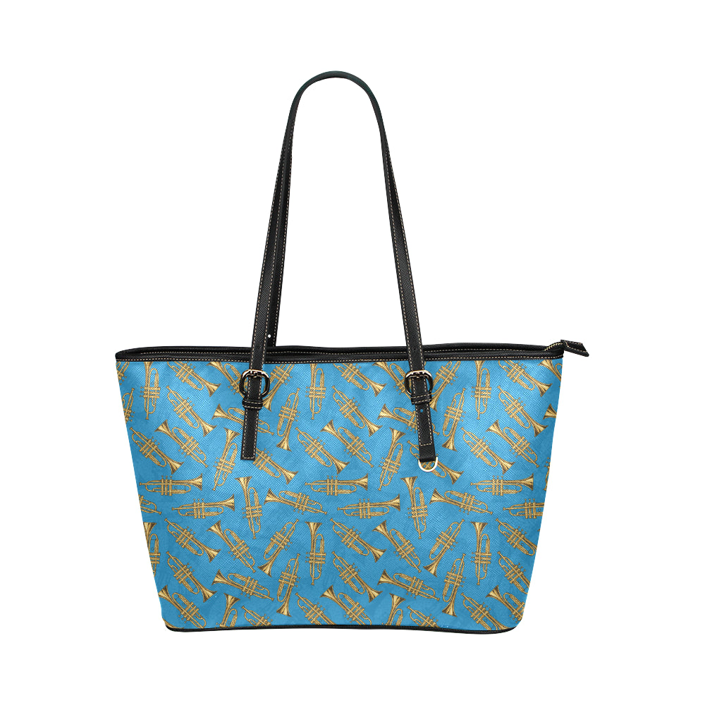 Trumpet Golden Pattern Themed Print Leather Tote Bag