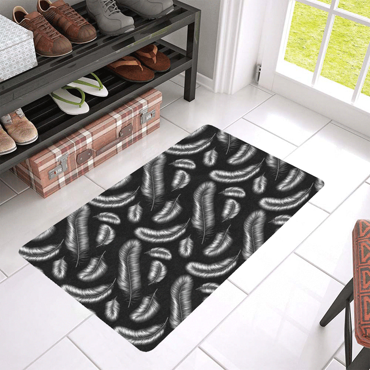 Feather Black White Design Print Rubber Doormat