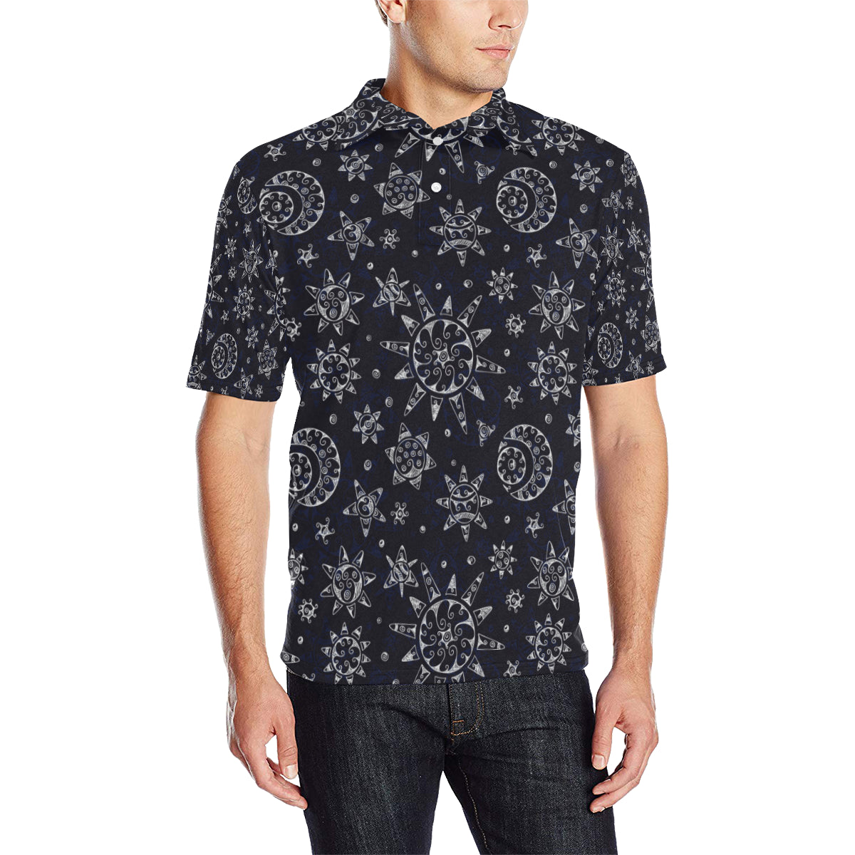 Sun Moon Pattern Men Polo Shirt