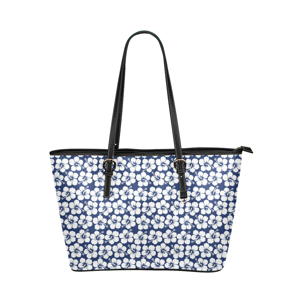 Hibiscus Blue Hawaiian Flower Pattern Leather Tote Bag