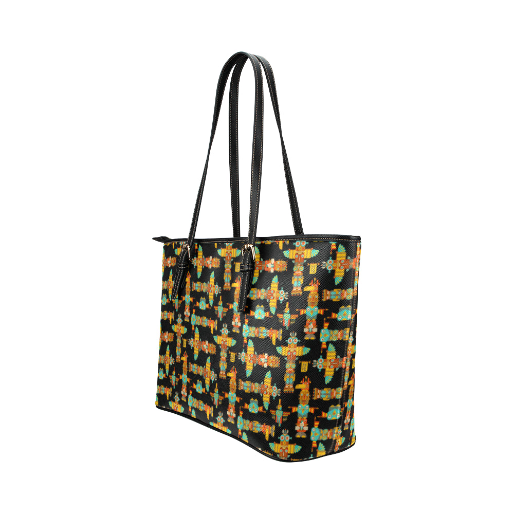 Totem Pole Cartoon Print Leather Tote Bag