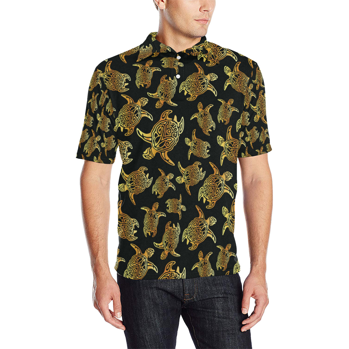 Gold Tribal Turtle Polynesian Themed Men Polo Shirt