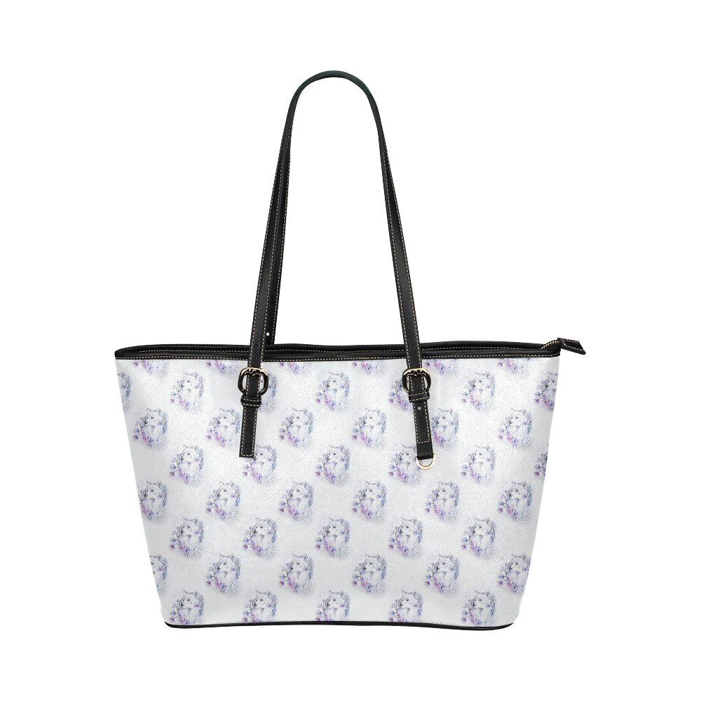 Wolf with Flower Print Design Leather Tote Bag