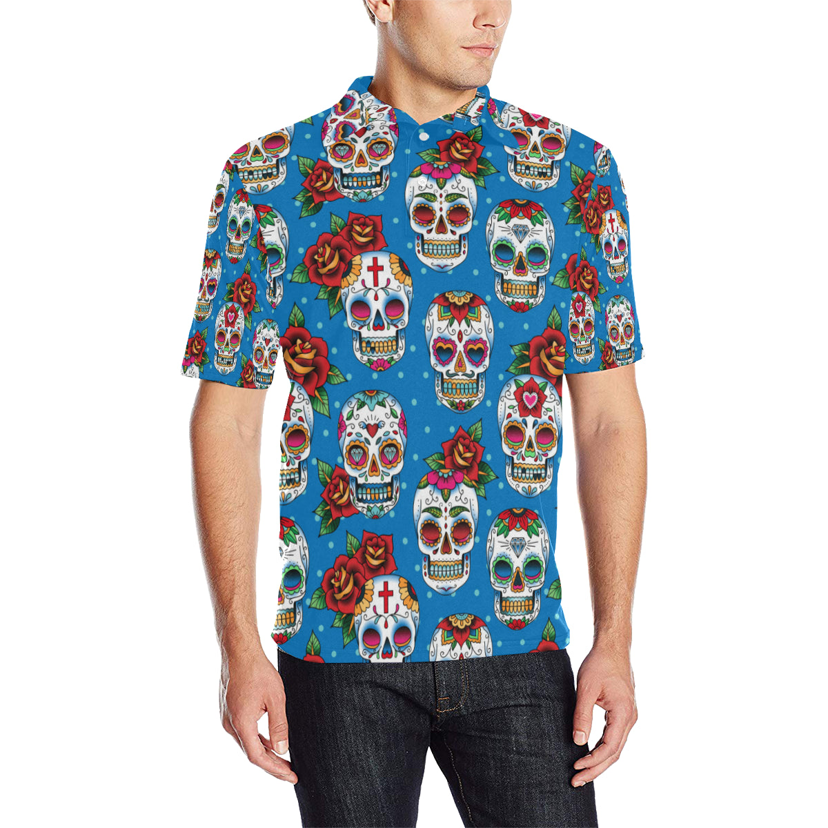 Sugar Skull Rose Pattern Men Polo Shirt