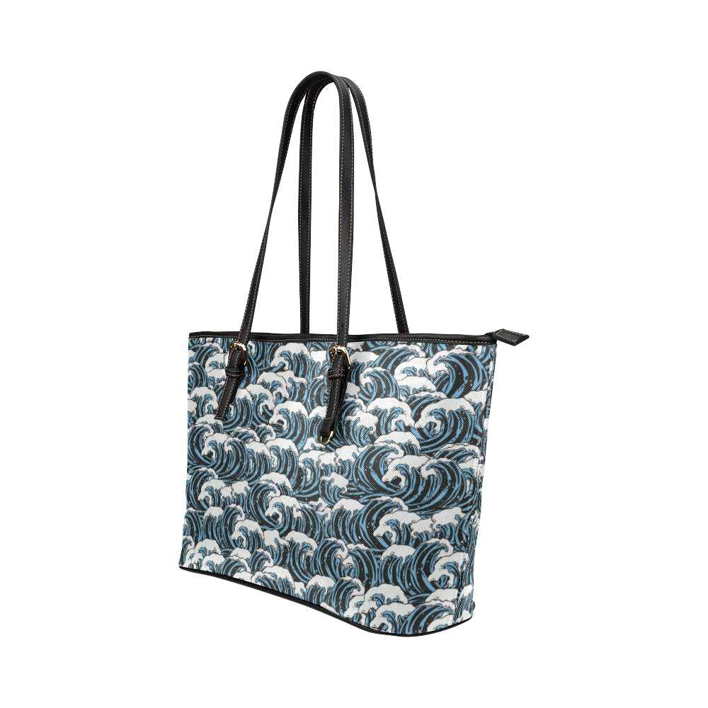Surf Wave Pattern Print Leather Tote Bag