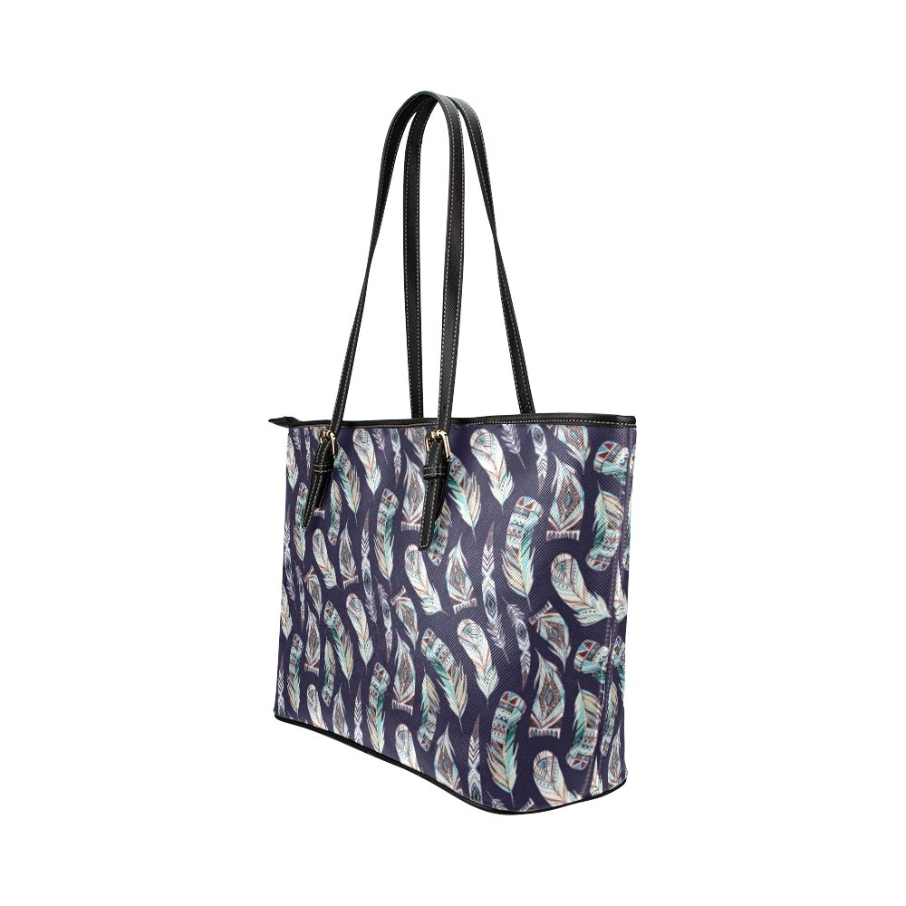 Feather Vintage Boho Design Print Leather Tote Bag