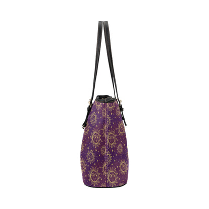 Sun Moon Star Design Themed Print Leather Tote Bag