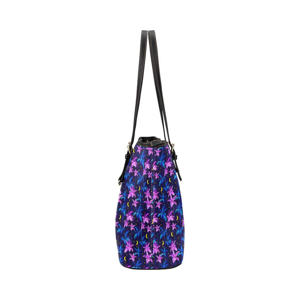 Palm Tree Night Scene Design Print Leather Tote Bag