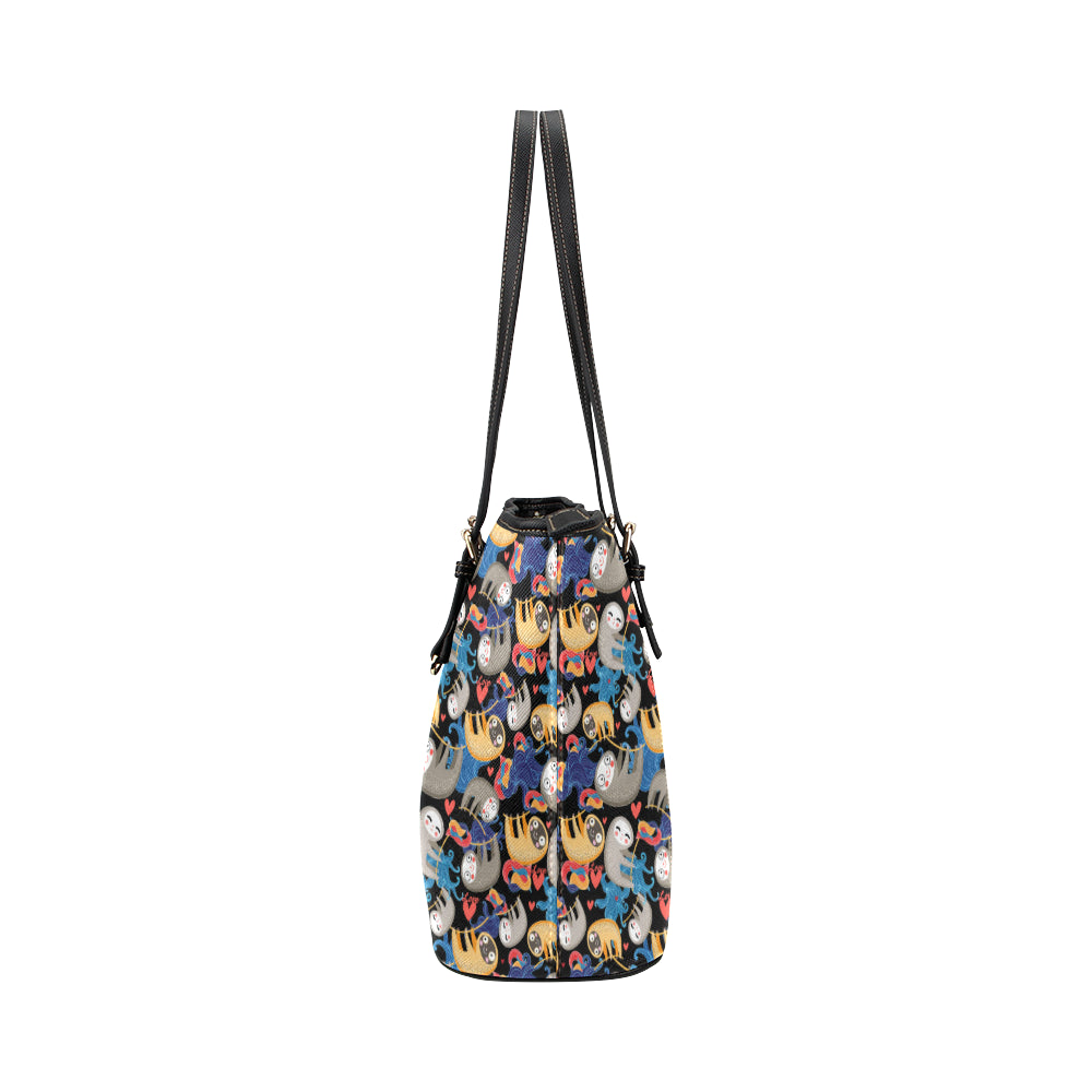 Sloth Cartoon Design Themed Print Leather Tote Bag