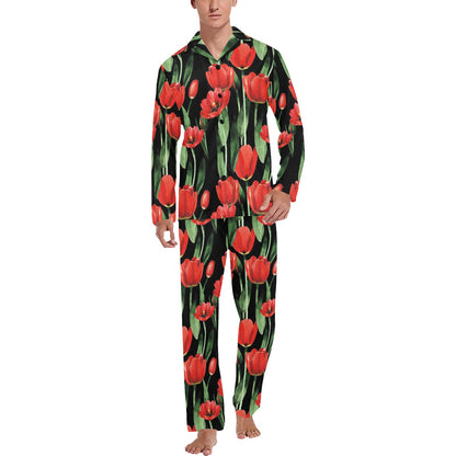 Tulip Red Pattern Print Design TP03 Men's Long Pajama Set