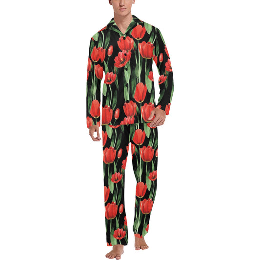 Tulip Red Pattern Print Design TP03 Men's Long Pajama Set