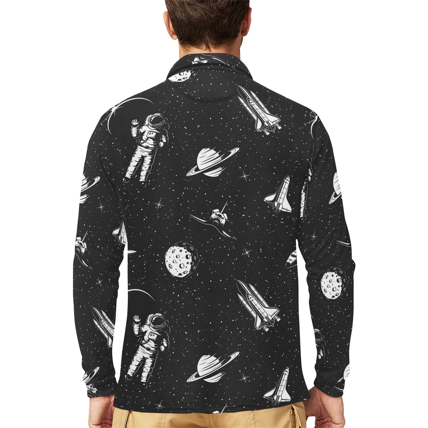 Space Pattern Long Sleeve Polo Shirt For Men's
