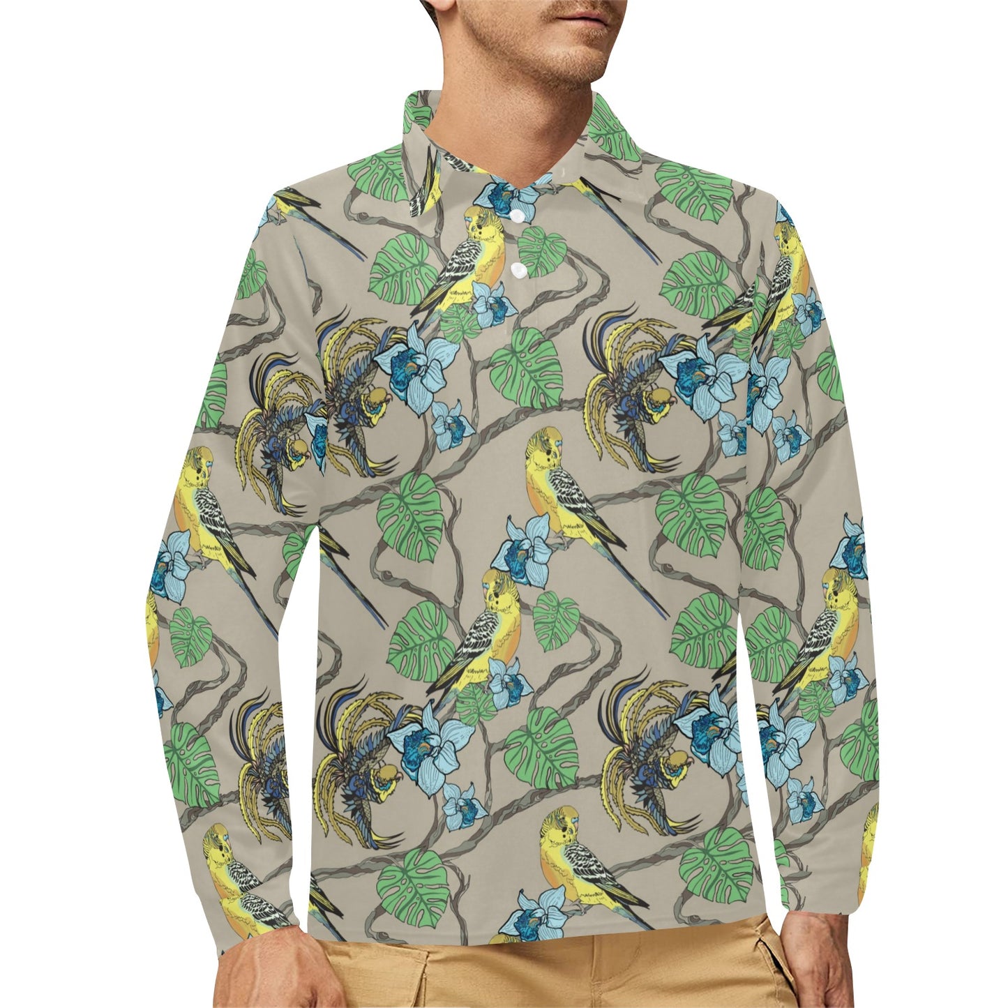 Parakeet Pattern Print Design A02 Long Sleeve Polo Shirt For Men's