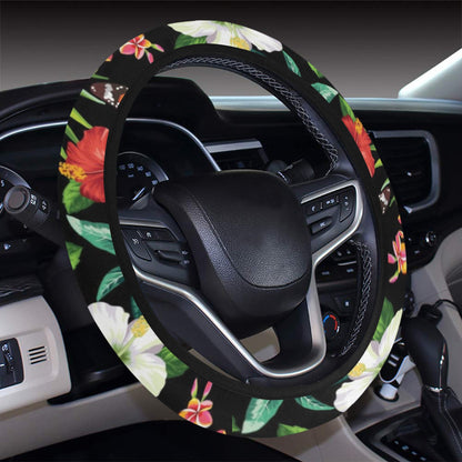 Hibiscus With Butterfly Print Design LKS305 Steering Wheel Cover with Elastic Edge