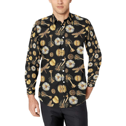 Steampunk Key Dragonfly Print Design LKS303 Men's Long Sleeve Dress Shirt