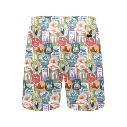 Travel Stamp Print Design LKS301 Men's Swim Trunks Beach Shorts