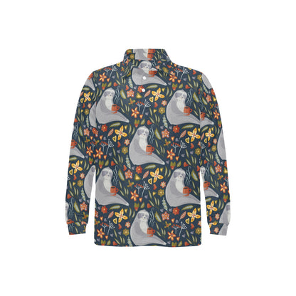Sloth Print Design LKS303 Long Sleeve Polo Shirt For Men's