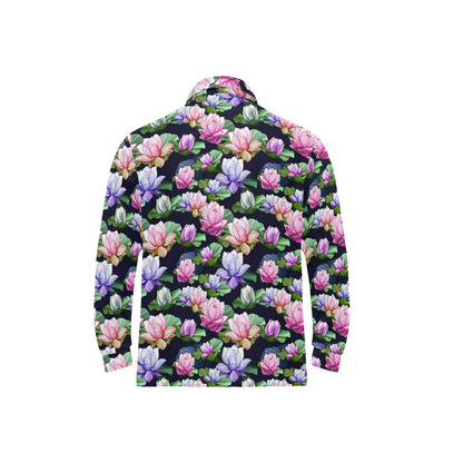 Lotus Flower Print Design Long Sleeve Polo Shirt For Men's