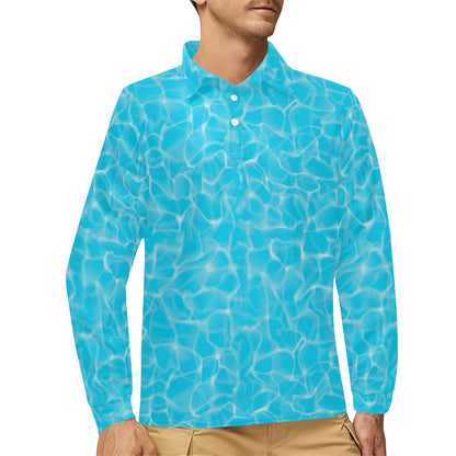 Swimming Pool Texture Print Design LKS301 Long Sleeve Polo Shirt For Men's