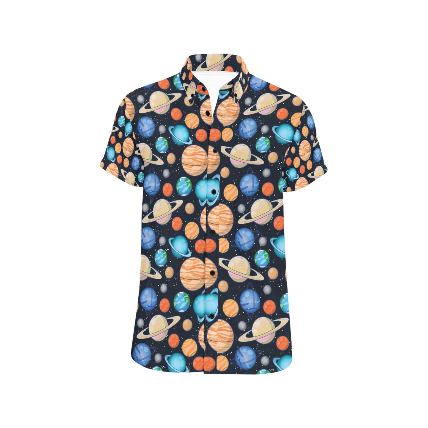 Planet Colorful Print Design LKS301 Men Short Sleeve Button Up Shirt