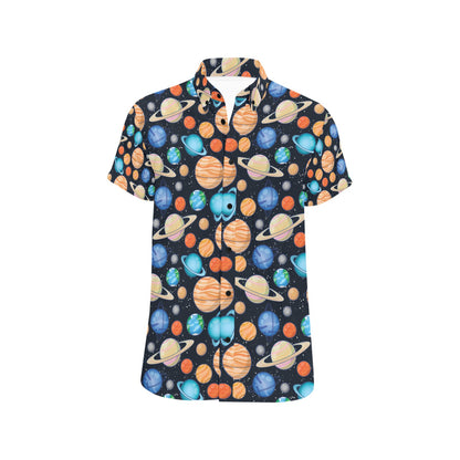 Planet Colorful Print Design LKS301 Men Short Sleeve Button Up Shirt