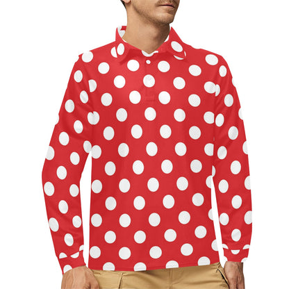 Polka Dot Red Pattern Print Design 04 Long Sleeve Polo Shirt For Men's