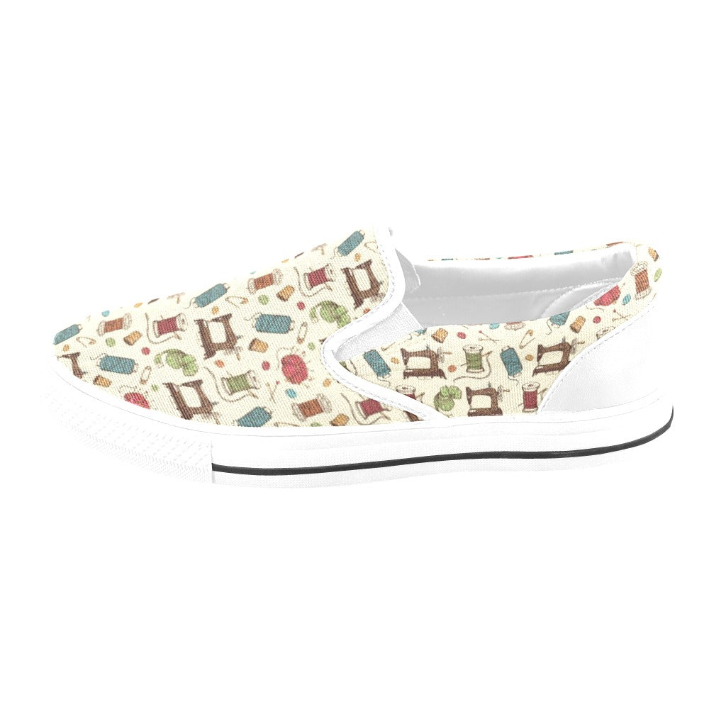 Sewing Equipment Print Design LKS303 White Slip Ons Canvas Women's Shoes