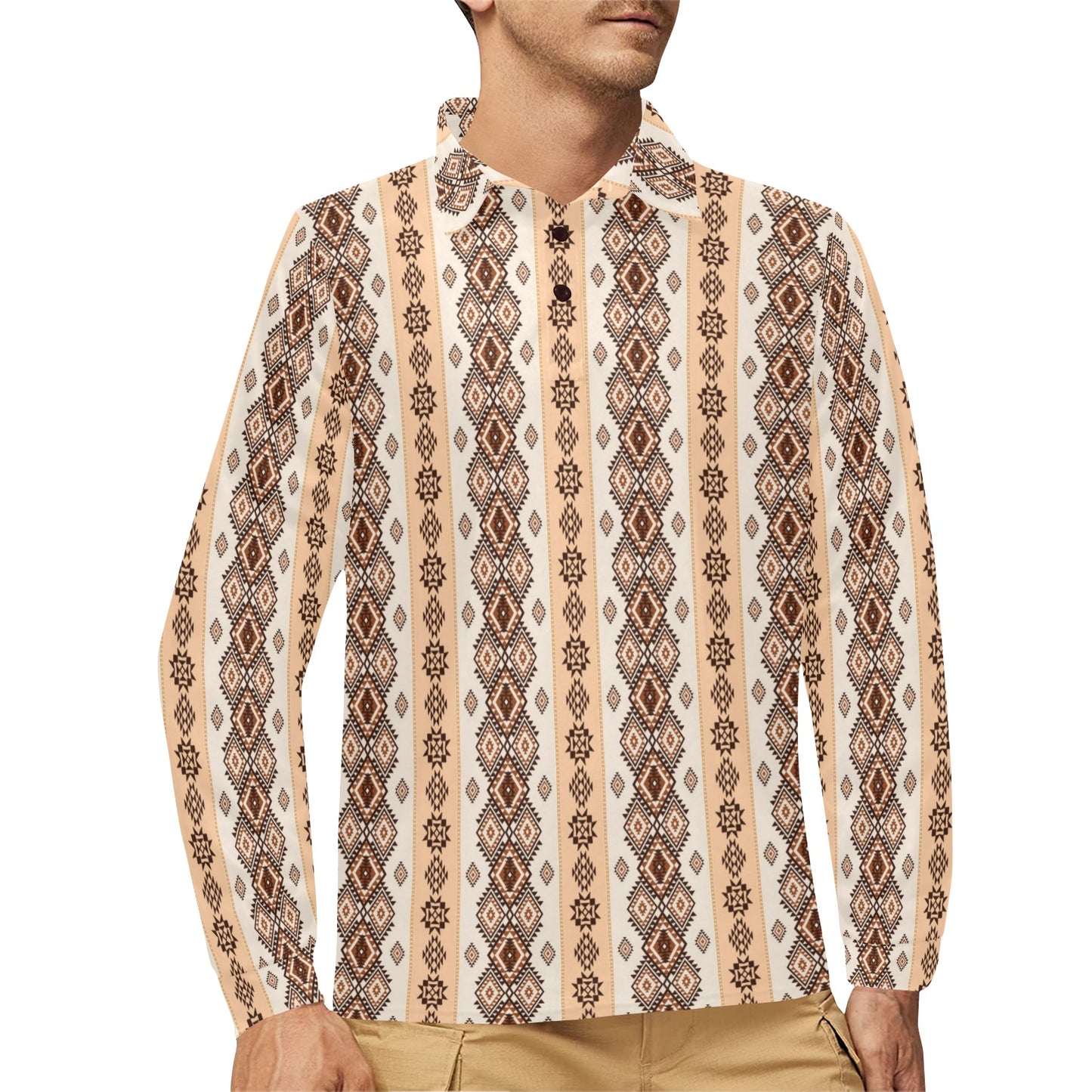 Native Classic Pattern Print Long Sleeve Polo Shirt For Men's