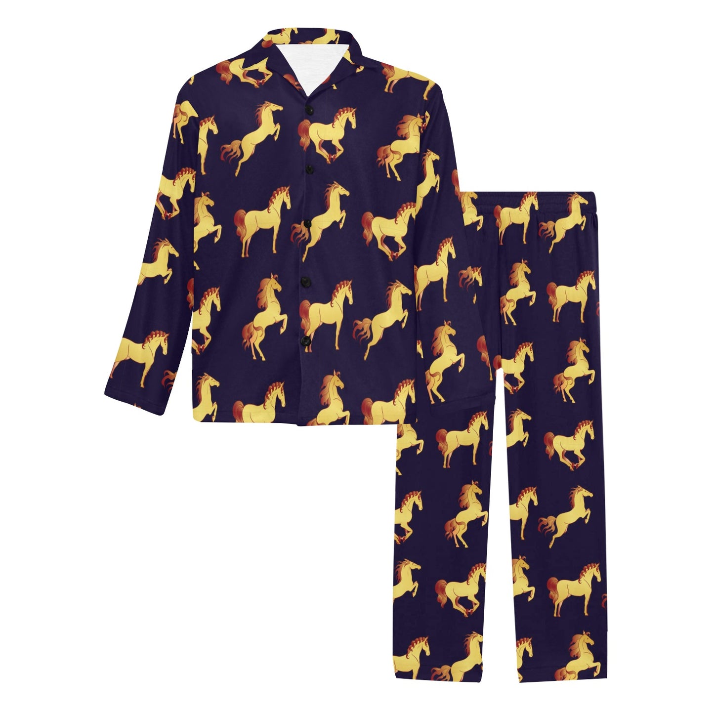 Gold Horse Pattern Men's Long Pajama Set