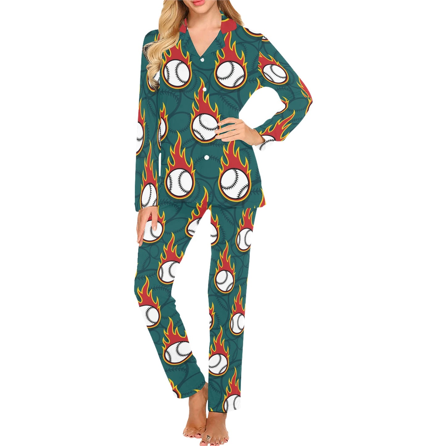 Baseball Fire Print Pattern Women's Long Pajama Set