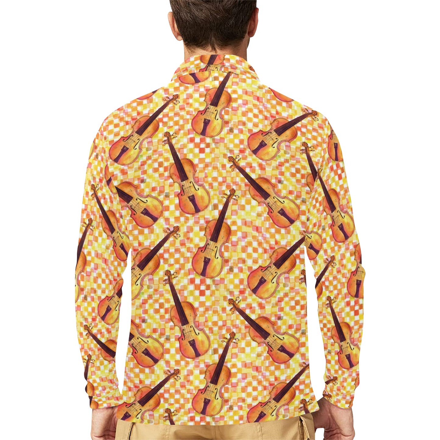 Violin Pattern Print Design 03 Long Sleeve Polo Shirt For Men's