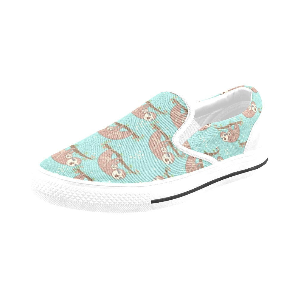 Sloth Print Design LKS302 White Slip Ons Canvas Women's Shoes