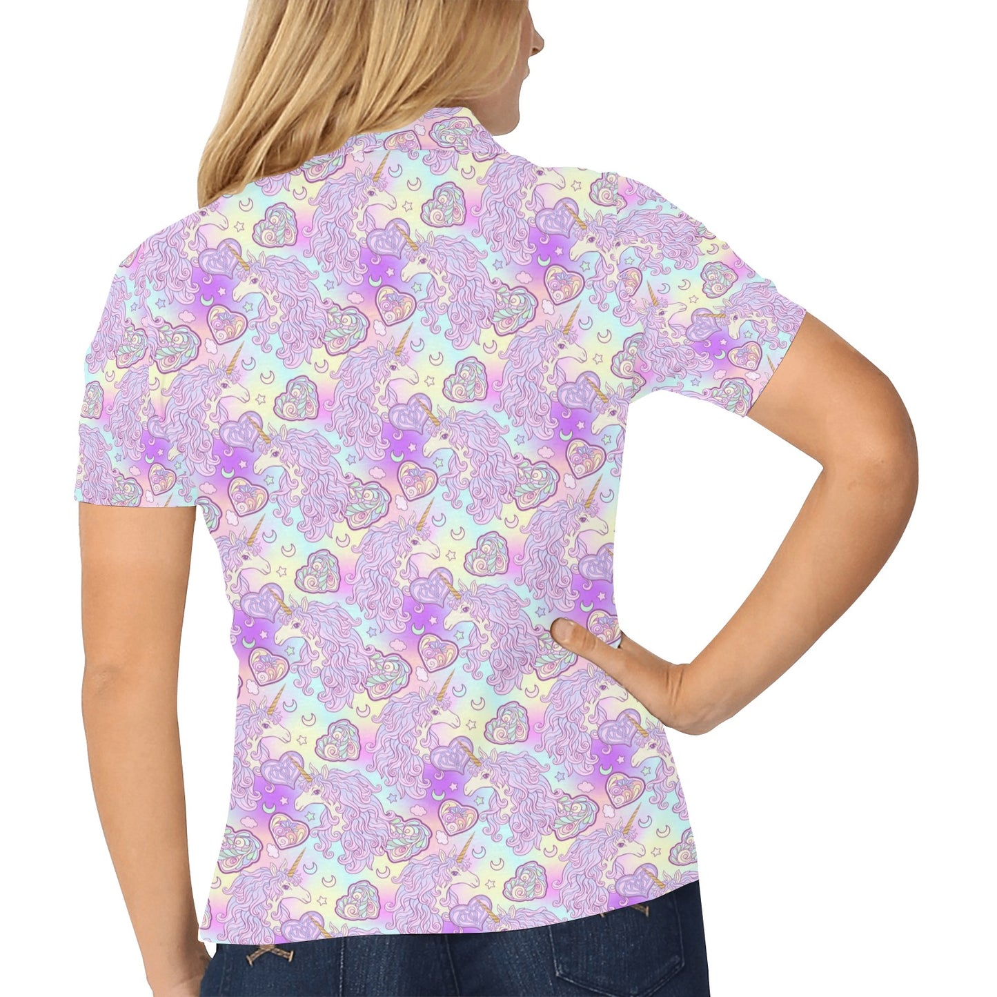 Unicorn Rainbow Star Heart Print Women's Polo Shirt