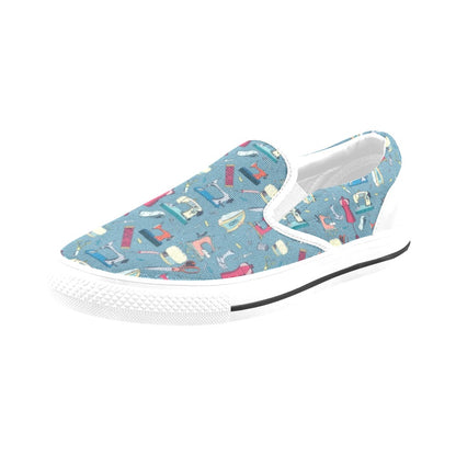 Sewing Equipment Print Design LKS301 White Slip Ons Canvas Women's Shoes